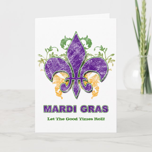 Mardi Gras Fleur-de-Lis Grunge Greeting Card (Front)