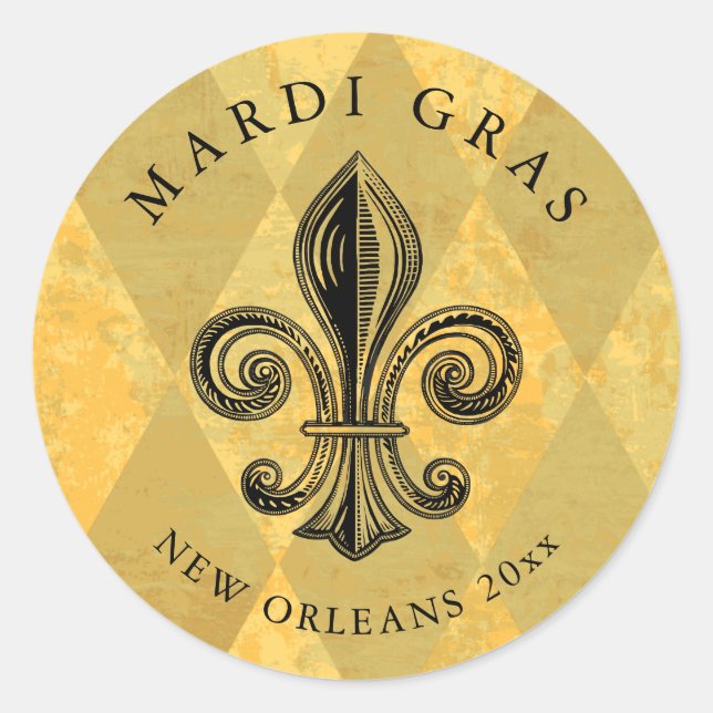 Mardi Gras Fleur-de-lis Harlequin Add Year Classic Round Sticker (Front)