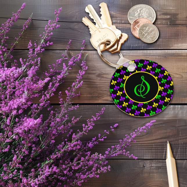 Mardi Gras Fleur de Lis Pattern Custom Monogram Key Ring (Creator Uploaded)