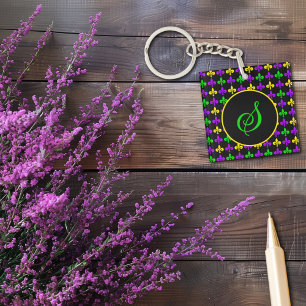 Mardi Gras Fleur de Lis Pattern Custom Monogram Key Ring