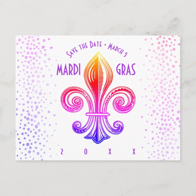 Mardi Gras Fleur De Lis Rainbow Confetti Invitation Postcard (Front)
