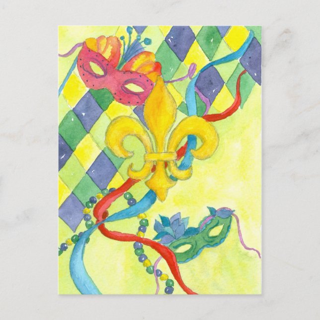 Mardi Gras Fleur De Lis Watercolor Art Yellow Postcard (Front)