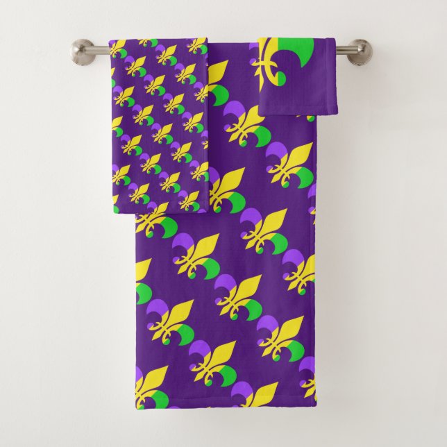 Mardi Gras Fleur-de-Lis Yellow Green Purple Bath Towel Set (Insitu)