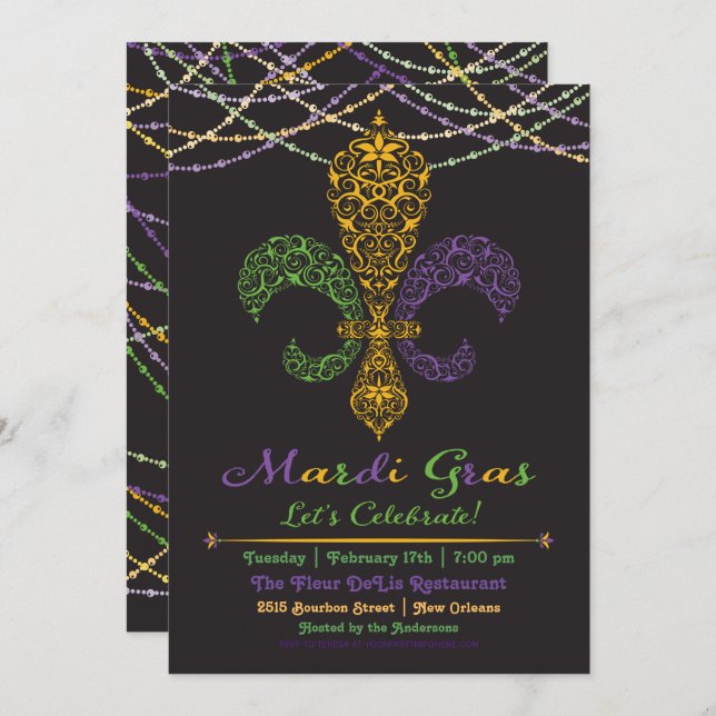 Mardi Gras Fleur DeLis Party Invitation on Black (Front/Back)