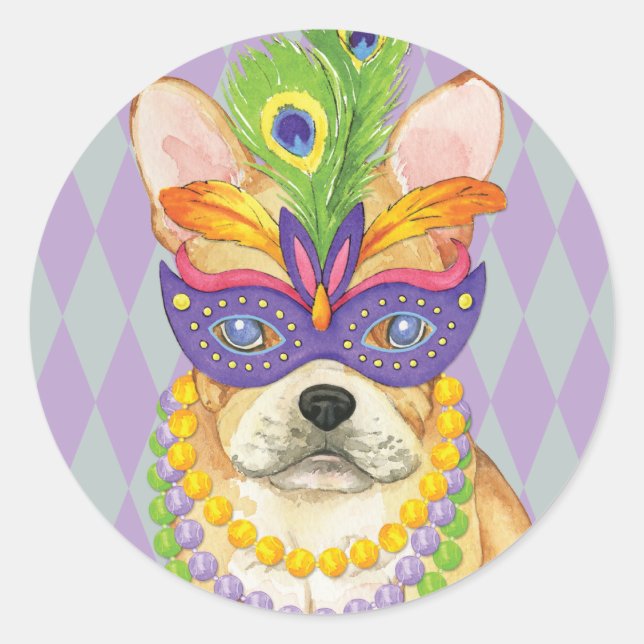 Mardi Gras Frenchie Classic Round Sticker (Front)