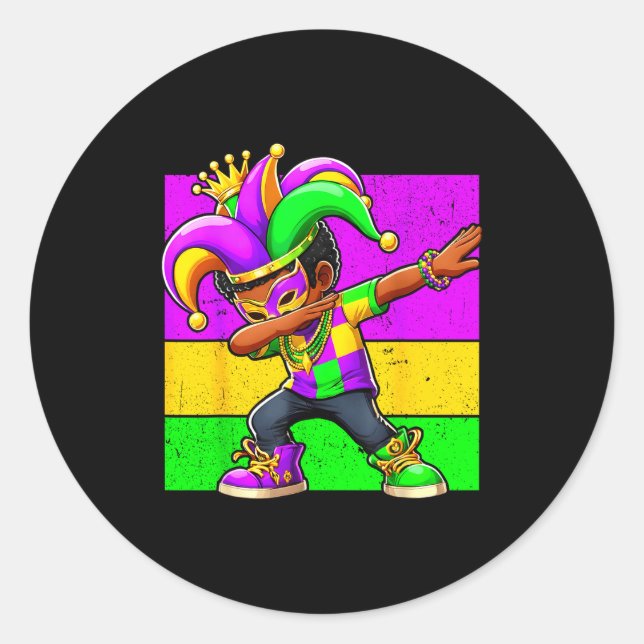 Mardi Gras Funny Dabbing Black Boy Jester Hat Kid  Classic Round Sticker (Front)