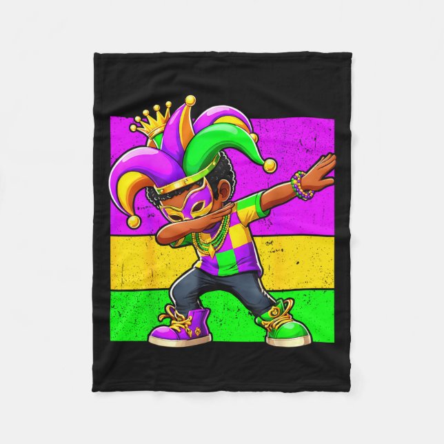 Mardi Gras Funny Dabbing Black Boy Jester Hat Kid  Fleece Blanket (Front)