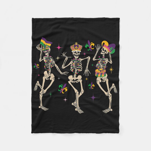 Mardi Gras Funny Skeletons Dancing Carnival Parade Fleece Blanket (Front)