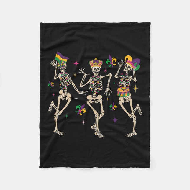 Mardi Gras Funny Skeletons Dancing Carnival Parade Fleece Blanket (Front)