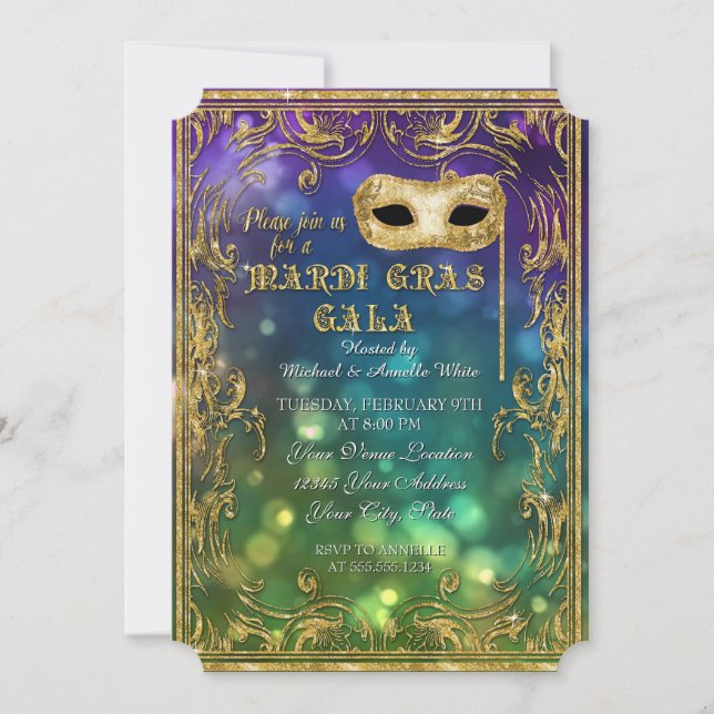 Mardi Gras Gala Masquerade Mask Bokeh Gold Glitter Invitation (Front)