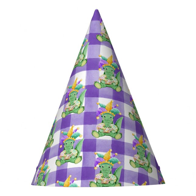 Mardi Gras Gators and Gingham Paper Party Hat (Front)