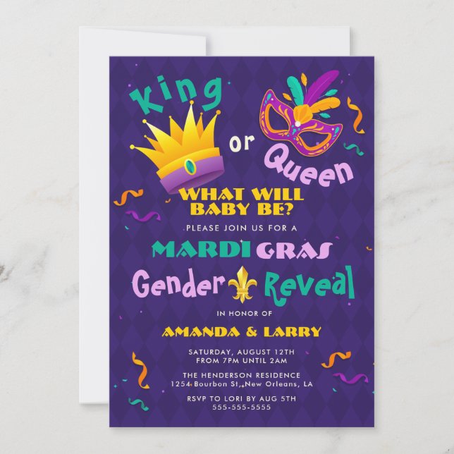 Mardi Gras Gender Reveal Invitation (Front)