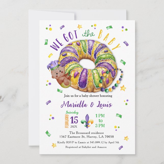 Mardi Gras Gender Reveal King Cake  Invitation (Front)
