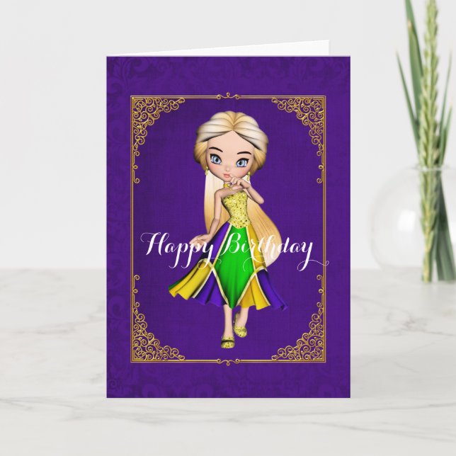 Mardi Gras Girl Purple Birthday Card (Front)