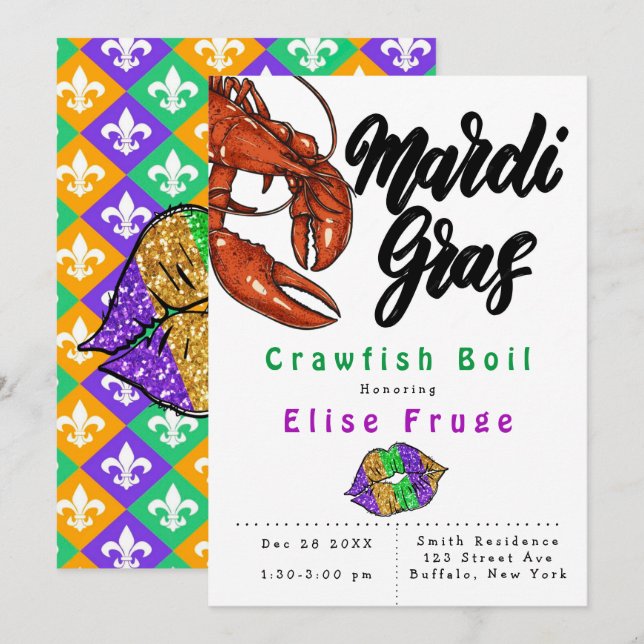 Mardi Gras Glitter Lips Crawfish Boil Invitation (Front/Back)