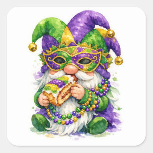 Mardi Gras Gnome Eating King Cake Square Sticker