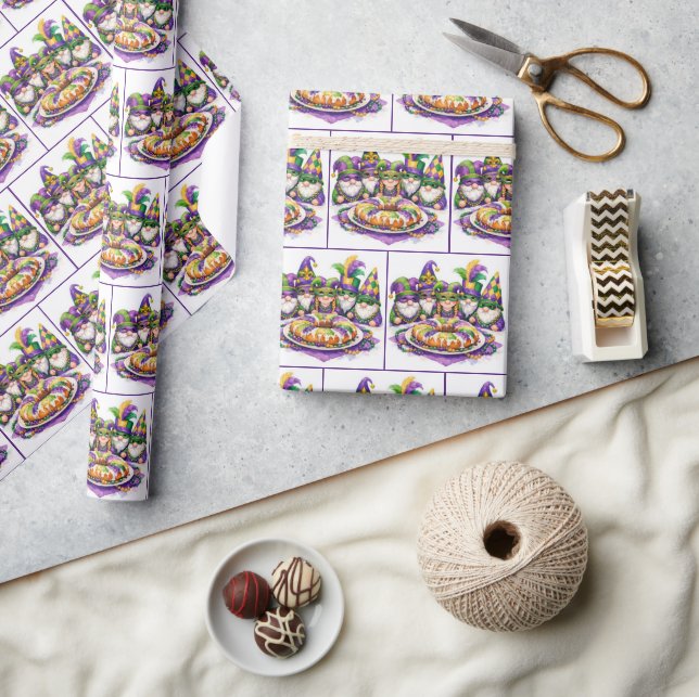 Mardi Gras Gnome Party With King Cake Wrapping Paper (Crafts)