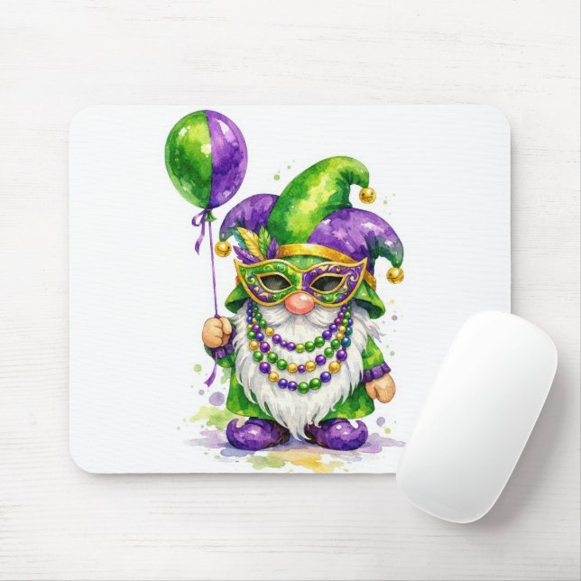 Mardi Gras Gnome with Party Balloon Mouse Mat (With Mouse)