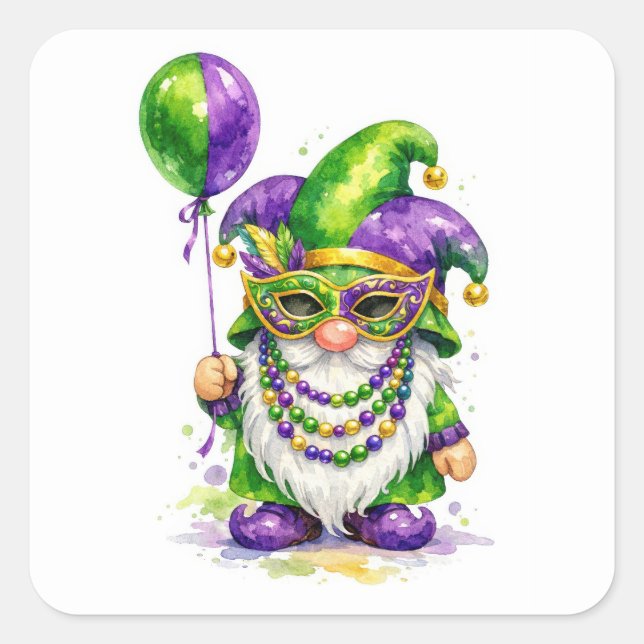 Mardi Gras Gnome With Party Balloon Square Sticker (Front)
