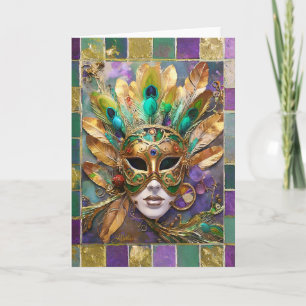 Mardi Gras Gold and Green Peacock Feather Mask Card