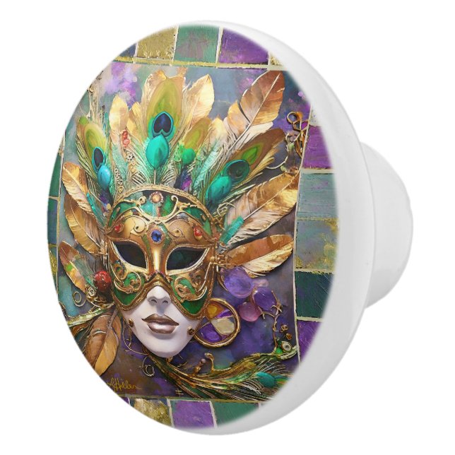 Mardi Gras Gold and Green Peacock Feather Mask Ceramic Knob (Right)