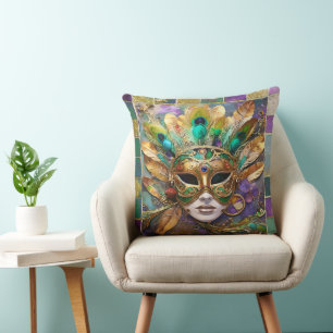 Mardi Gras Gold and Green Peacock Feather Mask Cushion