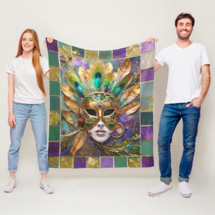Mardi Gras Gold and Green Peacock Feather Mask Fleece Blanket