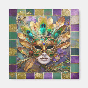 Mardi Gras Gold and Green Peacock Feather Mask Magnet