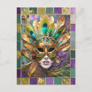 Mardi Gras Gold and Green Peacock Feather Mask Postcard