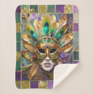 Mardi Gras Gold and Green Peacock Feather Mask Sherpa Blanket