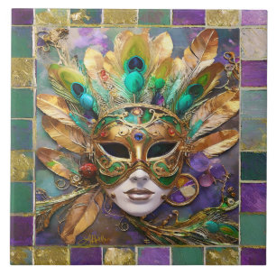 Mardi Gras Gold and Green Peacock Feather Mask Tile