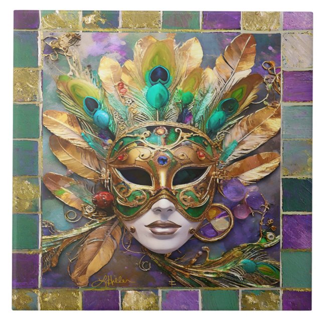 Mardi Gras Gold and Green Peacock Feather Mask Tile (Front)
