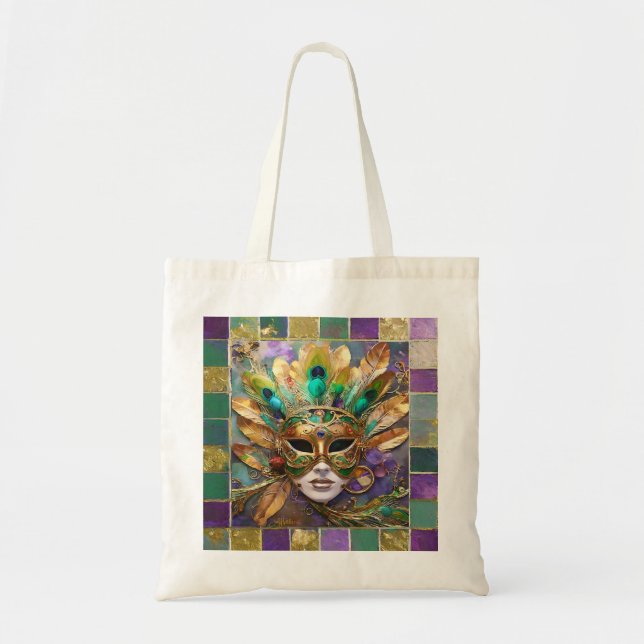 Mardi Gras Gold and Green Peacock Feather Mask Tote Bag (Front)