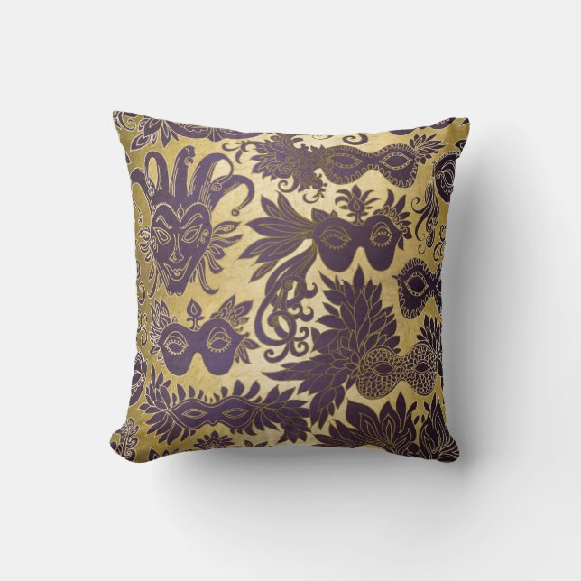 Mardi Gras Gold and Purple Masks Cushion (Front)