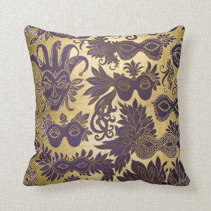 Mardi Gras Gold and Purple Masks Cushion