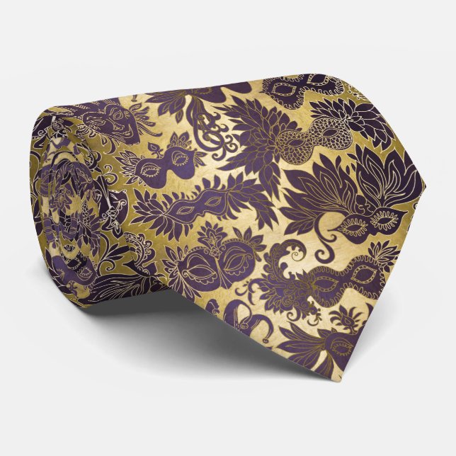 Mardi Gras Gold and Purple Masks Tie (Rolled)