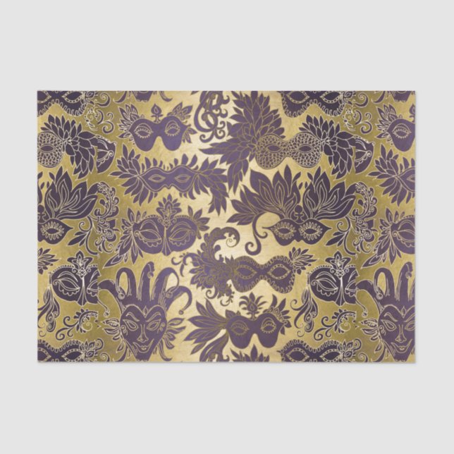Mardi Gras Gold and Purple Masks Tissue Paper (Front)