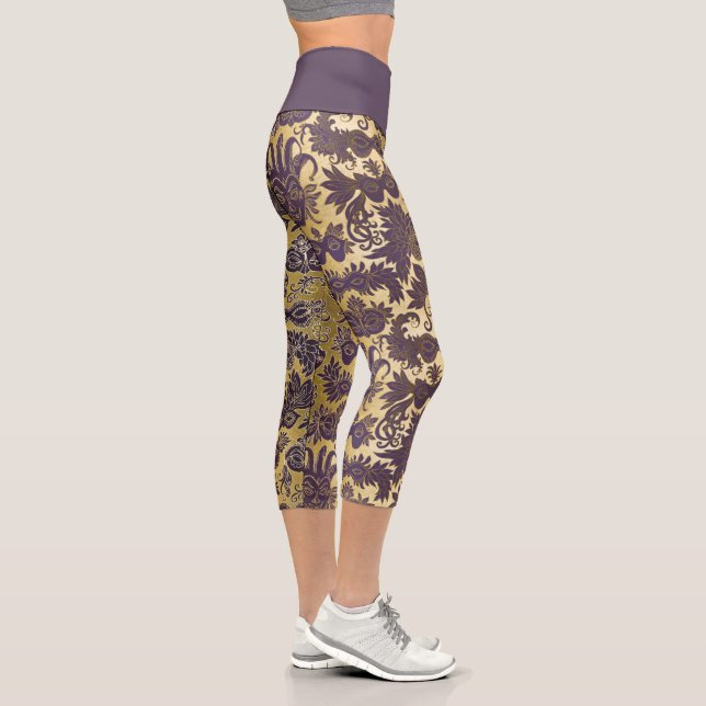 Mardi Gras Gold and Purple Masquerade Masks Capri Leggings (Right)