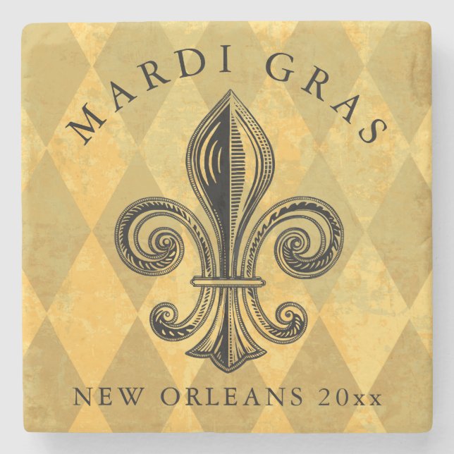 Mardi Gras Gold Black Fleur de lis Harlequin Year Stone Coaster (Front)