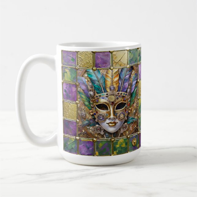 Mardi Gras Gold & Ceramic Colourful Feather Mask Coffee Mug (Left)