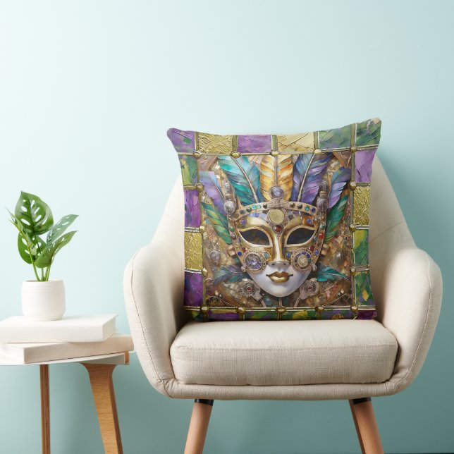 Mardi Gras Gold & Ceramic Colourful Feather Mask Cushion (Chair)