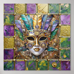 Mardi Gras Gold & Ceramic Colourful Feather Mask Foil Prints