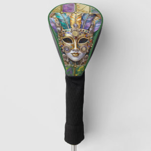 Mardi Gras Gold & Ceramic Colourful Feather Mask Golf Head Cover
