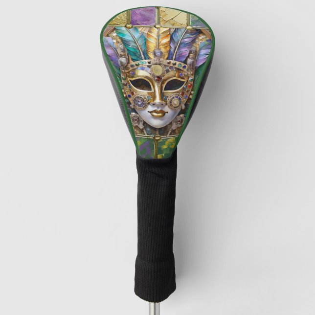 Mardi Gras Gold & Ceramic Colourful Feather Mask Golf Head Cover (Front)