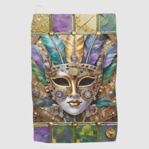 Mardi Gras Gold & Ceramic Colourful Feather Mask Golf Towel
