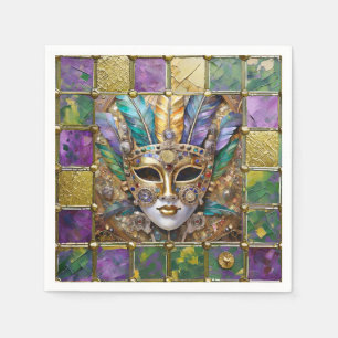 Mardi Gras Gold & Ceramic Colourful Feather Mask Napkin