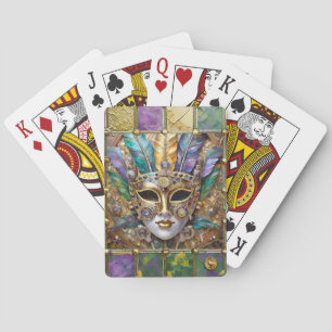 Mardi Gras Gold & Ceramic Colourful Feather Mask Playing Cards
