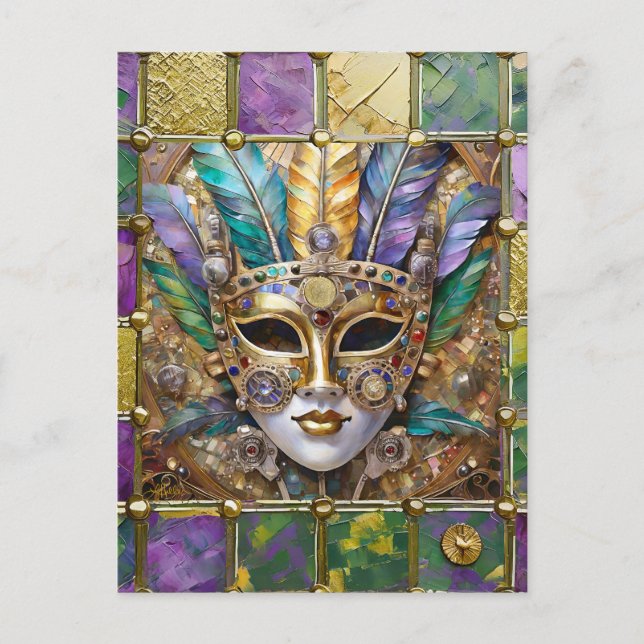Mardi Gras Gold & Ceramic Colourful Feather Mask Postcard (Front)