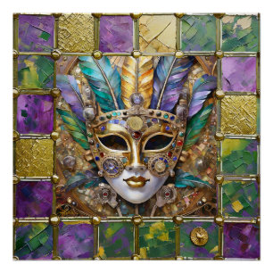 Mardi Gras Gold & Ceramic Colourful Feather Mask Poster
