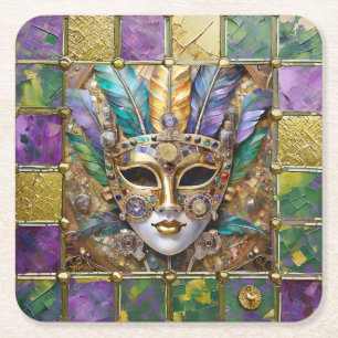 Mardi Gras Gold & Ceramic Colourful Feather Mask Square Paper Coaster